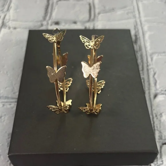 Gold Tone Butterfly Hoop Earrings - Picture 1 of 7